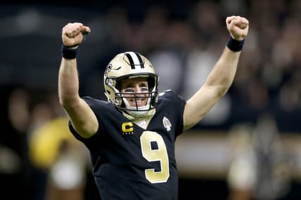 Dec 16, 2019; New Orleans, LA, USA; New Orleans Saints quarterback Drew Brees (9) reacts after a touchdown throw in the third quarter against the Indianapolis Coltsat the Mercedes-Benz Superdome. The touchdown pass broke the career touchdown record. Mandatory Credit: Chuck Cook-USA TODAY Sports
