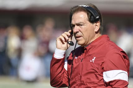 Alabama's Nick Saban coaching against Michigan State.