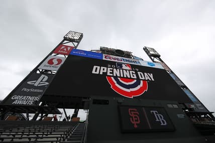 Scoreboard at Oracle Park on Opening Day