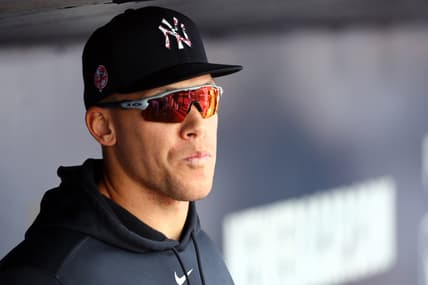 New York Yankees star Aaron Judge in dugout during Spring Training.