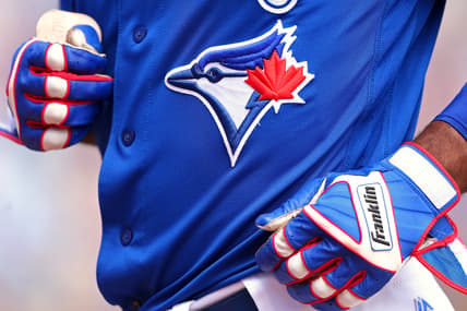 Mar 25, 2018; Dunedin, FL, USA; A view of the Blue Jays logo on an official Majestic game jersey during a game between the Pittsburgh Pirates and the Toronto Blue Jays at Florida Auto Exchange Stadium. Mandatory Credit: Aaron Doster-USA TODAY Sports