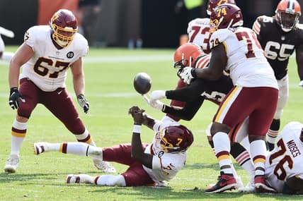 Washington QB Dwayne Haskins fumbles the ball against the Browns