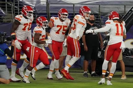 Chiefs QB Patrick Mahomes celebrates during game against Ravens