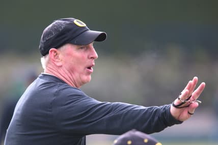 Apr 21, 2017; Eugene, OR, USA; Oregon Ducks defensive coordinator Jim Leavitt tells during spring practice at the Oregon Ducks outdoor practice facility. Mandatory Credit: Scott Olmos-USA TODAY Sports