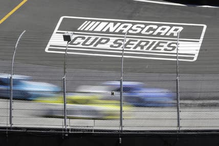 May 31, 2020; Bristol, TN, USA; A general view of the NASCAR Cup Series logo as drivers race at Bristol Motor Speedway. Mandatory Credit: Mark Humphrey/Pool Photo via USA TODAY Network