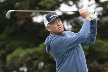 Aug 5, 2020; San Francisco, California, USA; Davis Love III hits his tee shot on the 11th hole during a practice round of the PGA Championship golf tournament at TPC Harding Park. Mandatory Credit: Kyle Terada-USA TODAY Sports