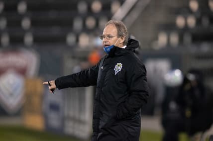 Nov 1, 2020; Commerce City, Colorado, USA; Seattle Sounders head coach Brian Schmetzer in the second half against the Colorado Rapids at Dick's Sporting Goods Park. Mandatory Credit: Isaiah J. Downing-USA TODAY Sports