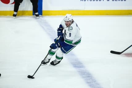 Jan 30, 2021; Winnipeg, Manitoba, CAN; Vancouver Canucks forward J.T. Miller (9) skates into the Winnipeg Jets zone duringf the second period at Bell MTS Place. Mandatory Credit: Terrence Lee-USA TODAY Sports