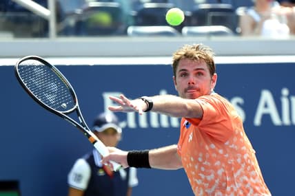 Aug 29, 2018; New York, NY, USA; Stan Wawrinka of Switzerland hits to Ugo Humbert of France in a second round match on day three of the 2018 U.S. Open tennis tournament at USTA Billie Jean King National Tennis Center. Mandatory Credit: Danielle Parhizkaran-USA TODAY SPORTS