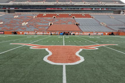 Sep 15, 2018; Austin, TX, USA; General overall view of the Texas Longhorns logo at midfield at Darrell K Royal-Texas Memorial Stadium. Mandatory Credit: Kirby Lee-USA TODAY Sports