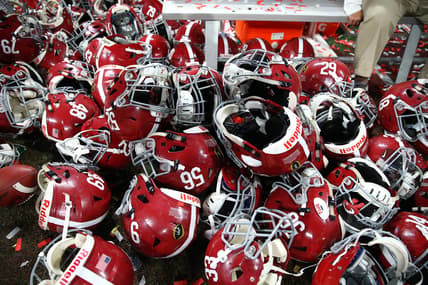 Jan 8, 2018; Atlanta, GA, USA; Detailed view of Alabama Crimson Tide player helmets on the ground after defeating the Georgia Bulldogs in the 2018 CFP national championship college football game at Mercedes-Benz Stadium. Mandatory Credit: Mark J. Rebilas-USA TODAY Sports