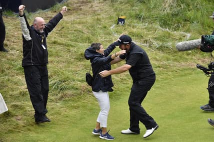 Jul 21, 2019; Portrush, IRL; Shane Lowry celebrates with his mother after winning The Open Championship golf tournament during the final round at Royal Portrush Golf Club -  Dunluce Course. Mandatory Credit: Steve Flynn-USA TODAY Sports