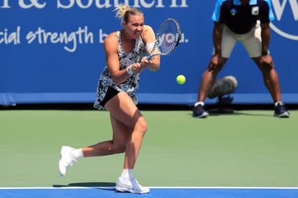 Aug 10, 2019; Mason, OH, USA; Kaia Kanepi (EST) returns a shot against Barbora Strycova (CZE) during the Western and Southern Open tennis tournament at Lindner Family Tennis Center. Mandatory Credit: Aaron Doster-USA TODAY Sports