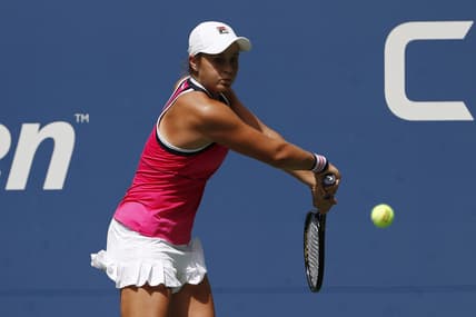 Sep 1, 2019; Flushing, NY, USA; Ashleigh Barty of Australia hits a backhand against Qiang Wang of China (not pictured) in the fourth round on day seven of the 2019 US Open tennis tournament at USTA Billie Jean King National Tennis Center. Mandatory Credit: Geoff Burke-USA TODAY Sports