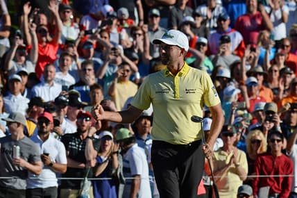 Feb 2, 2020; Scottsdale, Arizona, USA; Webb Simpson celebrates after winning the Waste Management Phoenix Open golf tournament at TPC Scottsdale. Mandatory Credit: Joe Camporeale-USA TODAY Sports