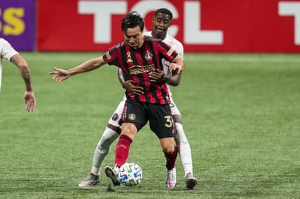 Sep 2, 2020; Atlanta, Georgia, USA; Atlanta United forward Erick Torres (31) tries to play the ball defended by Inter Miami defender Andres Reyes (3) during the second half at Mercedes-Benz Stadium. Mandatory Credit: Dale Zanine-USA TODAY Sports