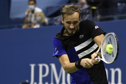 Daniil Medvedev of Russia hits a backhand against Dominic Thiem of Austria (not pictured) in a men's singles semi-finals match on day twelve of the 2020 U.S. Open tennis tournament at USTA Billie Jean King National Tennis Center. Mandatory Credit: Danielle Parhizkaran-USA TODAY Sports