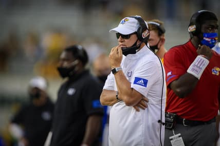 Sep 26, 2020; Waco, Texas, USA; Kansas Jayhawks head coach Les Miles during the game between the Bears and the Jayhawks at McLane Stadium. Mandatory Credit: Jerome Miron-USA TODAY Sports
