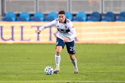 October 7, 2020; San Jose, California, USA; Vancouver Whitecaps defender Jake Nerwinski (28) during the first half against the San Jose Earthquakes at Earthquakes Stadium. Mandatory Credit: Kyle Terada-USA TODAY Sports