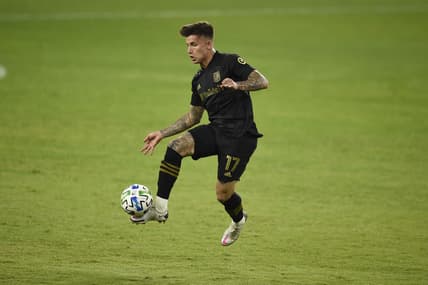 Oct 28, 2020; Los Angeles, CA, Los Angeles, CA, USA; Los Angeles FC forward Brian Rodriguez (17) handles the ball against the Houston Dynamo during the first half at Banc of California Stadium. Mandatory Credit: Kelvin Kuo-USA TODAY Sports