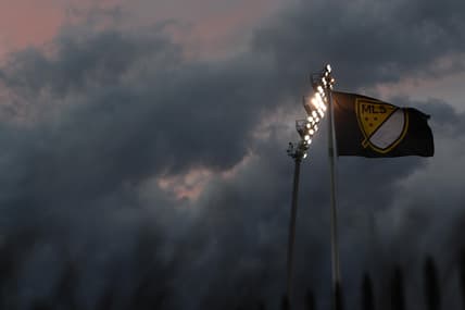 Dec 12, 2020; Columbus, Ohio, USA;  A general view of the stadium lights and flag with the MLS logo before the 2020 MLS Cup Final between the Seattle Sounders and the Columbus Crew at MAPFRE Stadium. Mandatory Credit: Aaron Doster-USA TODAY Sports