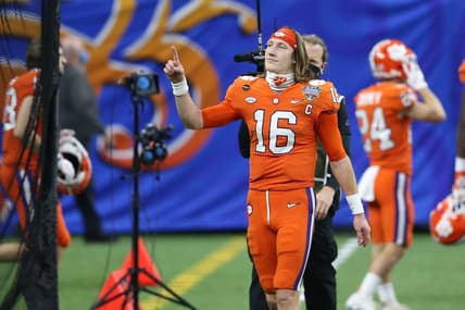 Jan 1, 2021; New Orleans, LA, USA; Clemson Tigers quarterback Trevor Lawrence (16) reacts after the game against the Ohio State Buckeyes at Mercedes-Benz Superdome. Mandatory Credit: Chuck Cook-USA TODAY Sports
