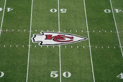Oct 11, 2020; Kansas City, Missouri, USA; A general view of the Kansas City Chiefs  logo at midfield during the game against the Las Vegas Raiders at Arrowhead Stadium Mandatory Credit: Kirby Lee-USA TODAY Sports