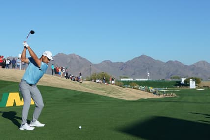 Feb 5, 2021; Scottsdale, Arizona, USA; Xander Schauffele with his tee shot on the 17th during the second round of the Waste Management Phoenix Open golf tournament at TPC Scottsdale. Mandatory Credit: Allan Henry-USA TODAY Sports