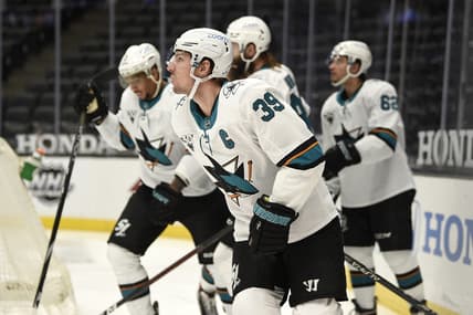 Feb 6, 2021; Anaheim, California, USA; San Jose Sharks center Logan Couture (39) skates back to the bench after scoring a goal during the first period against the Anaheim Ducks at Honda Center. Mandatory Credit: Kelvin Kuo-USA TODAY Sports