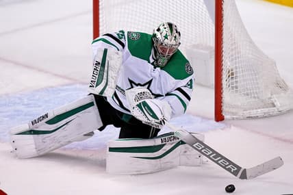 Feb 22, 2021; Sunrise, Florida, USA; Dallas Stars goaltender Anton Khudobin (35) makes a save against the Florida Panthers during the the second period at BB&T Center. Mandatory Credit: Jasen Vinlove-USA TODAY Sports