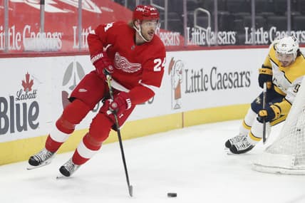 Feb 25, 2021; Detroit, Michigan, USA; Detroit Red Wings defenseman Jon Merrill (24) skates away from Nashville Predators center Matt Duchene (95) during the first period at Little Caesars Arena. Mandatory Credit: Raj Mehta-USA TODAY Sports