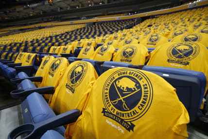 Oct 5, 2017; Buffalo, NY, USA; A general view of Buffalo Sabres home opener t-shirts on the seats at KeyBank Center before a game against the Montreal Canadiens. Mandatory Credit: Timothy T. Ludwig-USA TODAY Sports
