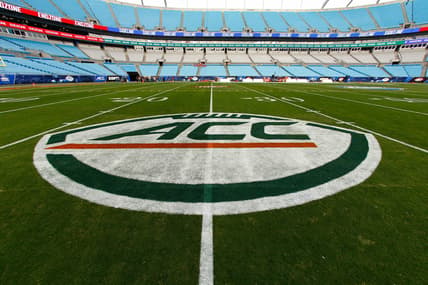 Dec 2, 2017; Charlotte, NC, USA; A view of the ACC logo on the field prior to the game between the Clemson Tigers and the Miami Hurricanes in the ACC championship game at Bank of America Stadium. Mandatory Credit: Jeremy Brevard-USA TODAY Sports