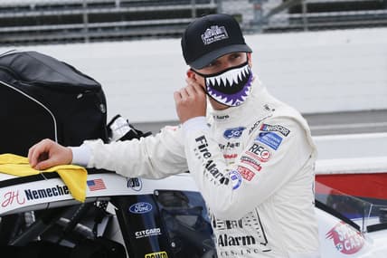 Jun 10, 2020; Martinsville, VA, USA; NASCAR driver John Hunter Nemechek waits for the start of the NASCAR Cup Series at Martinsville at Martinsville Speedway. Mandatory Credit: Steve Helber/Pool Photo via USA TODAY Network