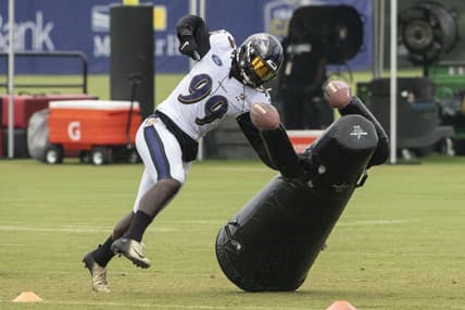Aug 19, 2020; Owings Mills, Maryland, USA; Baltimore Ravens linebacker Matthew Judon (99) takes part in defensive drills during the morning session of training camp at Under Armour Performance Center. Mandatory Credit: Tommy Gilligan-USA TODAY Sports