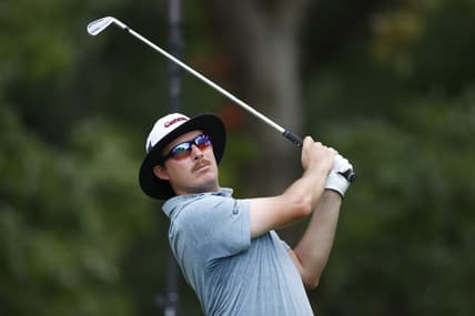Aug 27, 2020; Olympia Fields, Illinois, USA; Joel Dahmen hits his tee shot on the 16th hole during the first round of the BMW Championship golf tournament at Olympia Fields Country Club - North. Mandatory Credit: Brian Spurlock-USA TODAY Sports