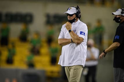 Sep 26, 2020; Waco, Texas, USA; Kansas Jayhawks head coach Les Miles during the game between the Bears and the Jayhawks at McLane Stadium. Mandatory Credit: Jerome Miron-USA TODAY Sports