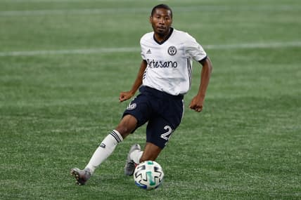 Oct 19, 2020; Foxborough, Massachusetts, USA; Philadelphia Union defender Ray Gaddis (28) during the second half against the New England Revolution at Gillette Stadium. Mandatory Credit: Winslow Townson-USA TODAY Sports