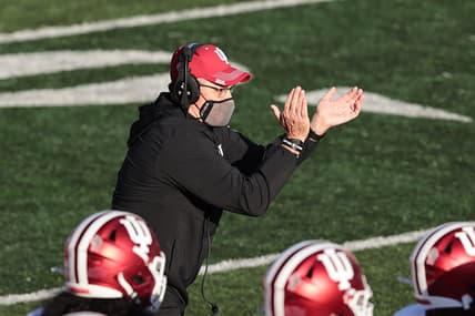 Oct 31, 2020; Piscataway, New Jersey, USA; Indiana Hoosiers head coach Tom Allen claps during the first half against the Rutgers Scarlet Knights at SHI Stadium. Mandatory Credit: Vincent Carchietta-USA TODAY Sports
