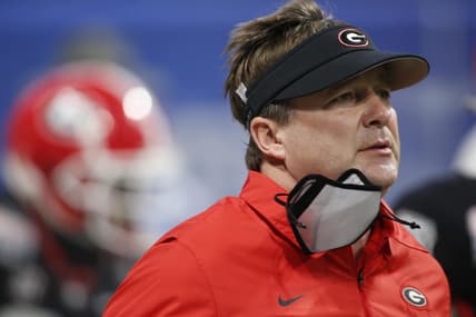 Jan 1, 2021; Atlanta, GA, USA; Georgia coach Kirby Smart takes the field before the start of the Peach Bowl NCAA college football game between Georgia and Cincinnati at Mercedes-Benz Stadium in Atlanta., on Friday, Jan. 1, 2021. Mandatory Credit: Joshua L. Jones-USA TODAY NETWORK