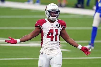Jan 3, 2021; Inglewood, California, USA; Arizona Cardinals running back Kenyan Drake (41) reacts in the third quarter against the Los Angeles Rams at SoFi Stadium. The Rams defeated the Cardinals 18-7. Mandatory Credit: Kirby Lee-USA TODAY Sports