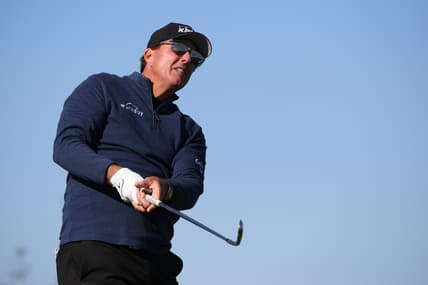 Jan 28, 2021; San Diego, California, USA; Phil Mickelson plays his shot from the 12th tee during the first round of the Farmers Insurance Open golf tournament at Torrey Pines Municipal Golf Course. Mandatory Credit: Orlando Ramirez-USA TODAY Sports