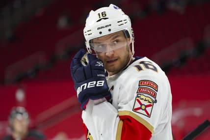 Feb 17, 2021; Raleigh, North Carolina, USA;  Florida Panthers center Aleksander Barkov (16) reacts during a game against the Carolina Hurricanes at PNC Arena. Mandatory Credit: James Guillory-USA TODAY Sports