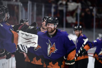 Feb 20, 2021; Glendale, Arizona, USA; Arizona Coyotes right wing Phil Kessel (81) celebrates a goal against the Los Angeles Kings during the third period at Gila River Arena. Mandatory Credit: Joe Camporeale-USA TODAY Sports
