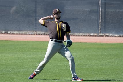 Feb 22, 2021; Peoria, Arizona, USA; San Diego Padres pitcher Yu Darvish throws during a spring training workout at Peoria Sports Complex. Mandatory Credit: Joe Camporeale-USA TODAY Sports