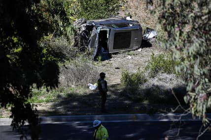 Feb 23, 2021; Rancho Palos Verdes, CA, USA; The vehicle of Tiger Woods after he was involved in a rollover accident in Rancho Palos Verdes on February 23, 2021. Woods had to be extricated from the wreck with the "jaws of life" by LA County firefighters, and is currently hospitalized. Mandatory Credit: Harrison Hill-USA TODAY