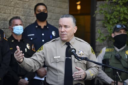 Feb 23, 2021; Rancho Palos Verdes, CA, USA; Alex Villanueva, Sheriff for the LA County Police Department speaks at a press conference about an accident involving Tiger Woods at Lomita County Sheriff's Station. Mandatory Credit: Harrison Hill-USA TODAY