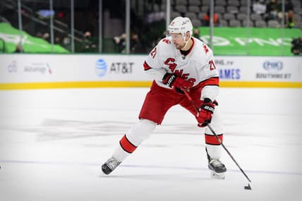 Feb 13, 2021; Dallas, Texas, USA; Carolina Hurricanes right wing Nino Niederreiter (21) in action during the game between the Dallas Stars and the Carolina Hurricanes at the American Airlines Center. Mandatory Credit: Jerome Miron-USA TODAY Sports