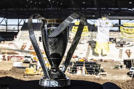 Mar 2, 2021; Columbus, Ohio, USA; A general view of th 2020 MLS Cup during the Columbus Crew SC 2021 kit unveiling event at New Crew Stadium. Mandatory Credit: Greg Bartram-USA TODAY Sports