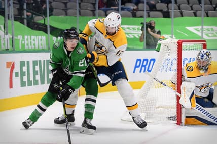 Mar 7, 2021; Dallas, Texas, USA; Nashville Predators defenseman Ben Harpur (17) defends against Dallas Stars left wing Jason Robertson (21) during the second period at the American Airlines Center. Mandatory Credit: Jerome Miron-USA TODAY Sports